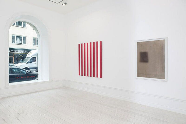 From Left: Daniel Buren, Untitled, 1972, Acrylic on canvas, 54.3 x 51.4 in (138 x 130.5 cm);
