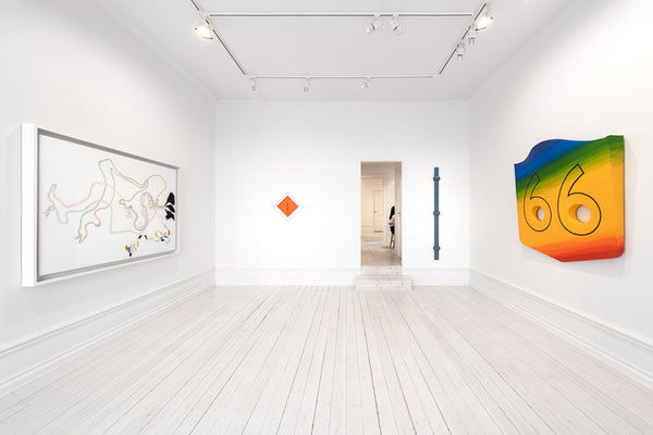 From left: Nicholas Hlobo, Wazibelek emhlane izithende, 2013, ribbon, rubber on canvas, 47.2 x 70.8 x 1.9 in. (120 x 180 x 5 cm). Lucio Fontana, Concetto Spaziale, Attese, 1963-64, waterpaint on canvas, 16.7 x 16.7 in. (42.5 x 42.5 cm). Dianna Molzan, Untitled, 2015, oil on canvas, 72 x 5 x 2 1/2 in. (182,9 x 12,7 x 6,4 cm). Blair Thurman, Road Trippin’ Rte. 66 (Westworld), 2016, acrylic on canvas on wood, 53.5 x 54 x 8.3 in. (135.9 x 137.2 x 21 cm).