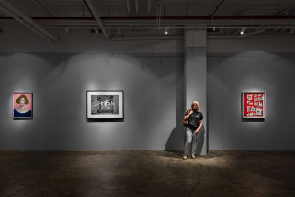 From left: Nicolas Party, Pink Portrait, 2018, Pastel on paper, 31,4 x 23,6 in, Cindy Sherman, Untitled Film Still #83, 1990, Gelatin silver print, 49 x 39 x 4 in framed, Duane Hanson, Portrait of Kim, 1994, Mixed media, Life scale, Jean-Michel Basquiat, Untitled, (Nitrogen Oxygen), 1980-1985, Acrylic and printed-paper collage on canvas, 29 x 25 in.