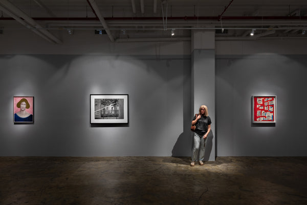 From left: Nicolas Party, Pink Portrait, 2018, Pastel on paper, 31,4 x 23,6 in, Cindy Sherman, Untitled Film Still #83, 1990, Gelatin silver print, 49 x 39 x 4 in framed, Duane Hanson, Portrait of Kim, 1994, Mixed media, Life scale, Jean-Michel Basquiat, Untitled, (Nitrogen Oxygen), 1980-1985, Acrylic and printed-paper collage on canvas, 29 x 25 in. 